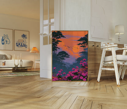Tropisk solnedgang jungelblomster plakat