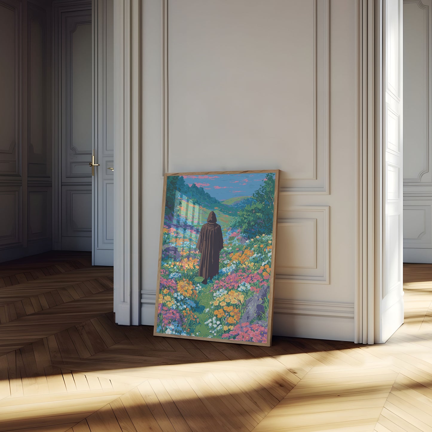 Affiche du Voyageur Solitaire dans la Prairie de Fleurs Sauvages