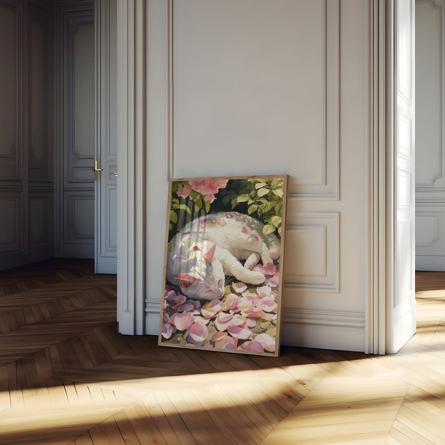 Affiche Chat Blanc Parmi les Fleurs Roses