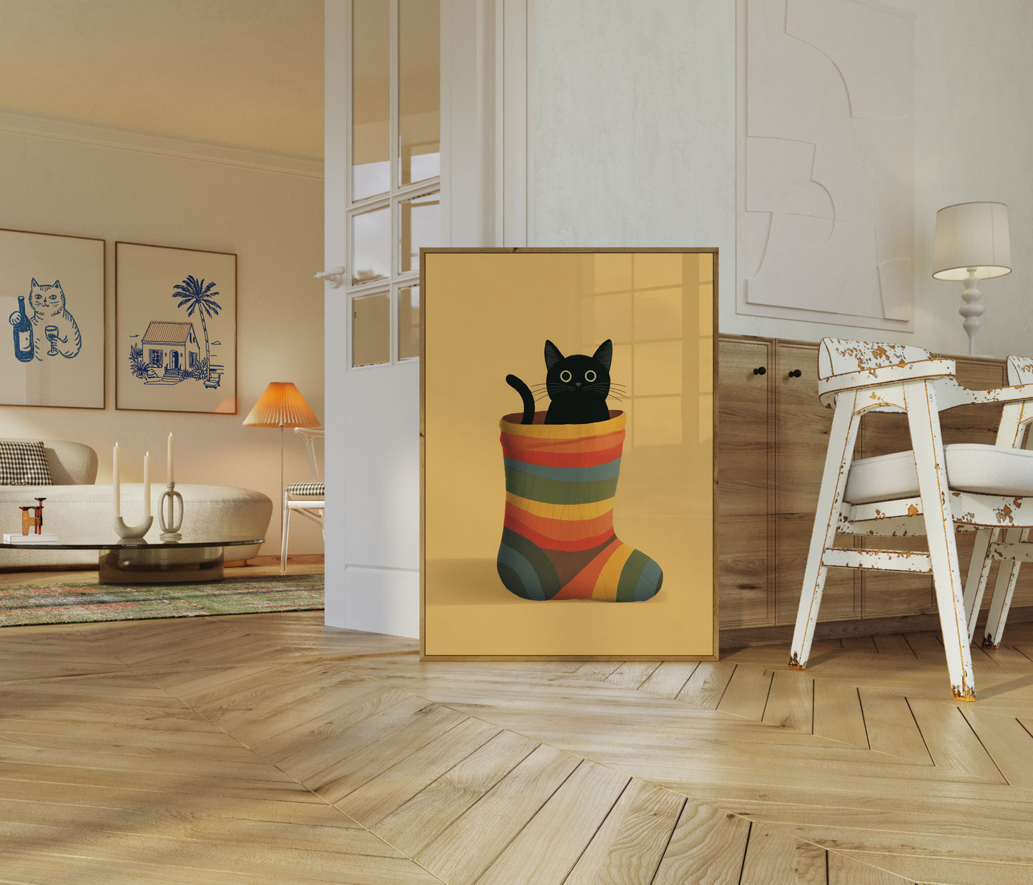 Schwarze Katze in gestreiftem Strumpf Poster