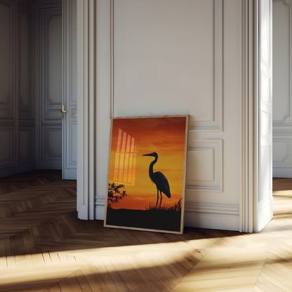 Solnedgangs Hejre Silhuet Plakat