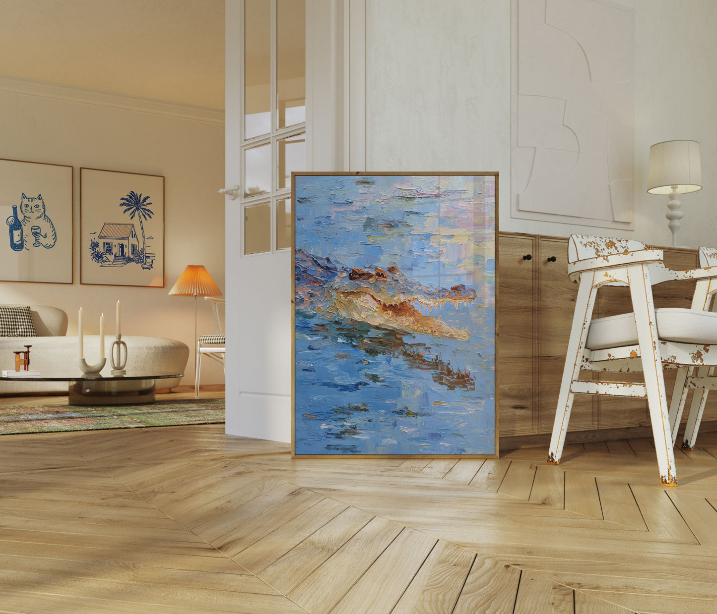 Póster de cocodrilo nadando al atardecer