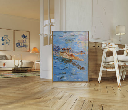 Póster de cocodrilo nadando al atardecer