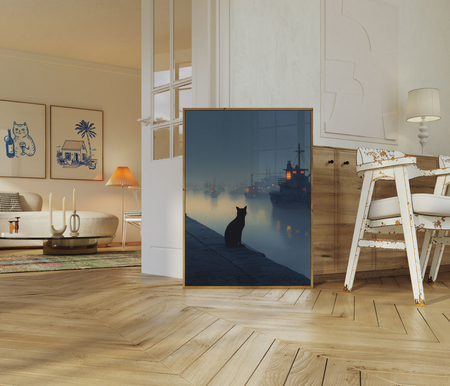 Cat Watching Harbor Ships Poster