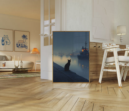 Cat Watching Harbor Ships Poster