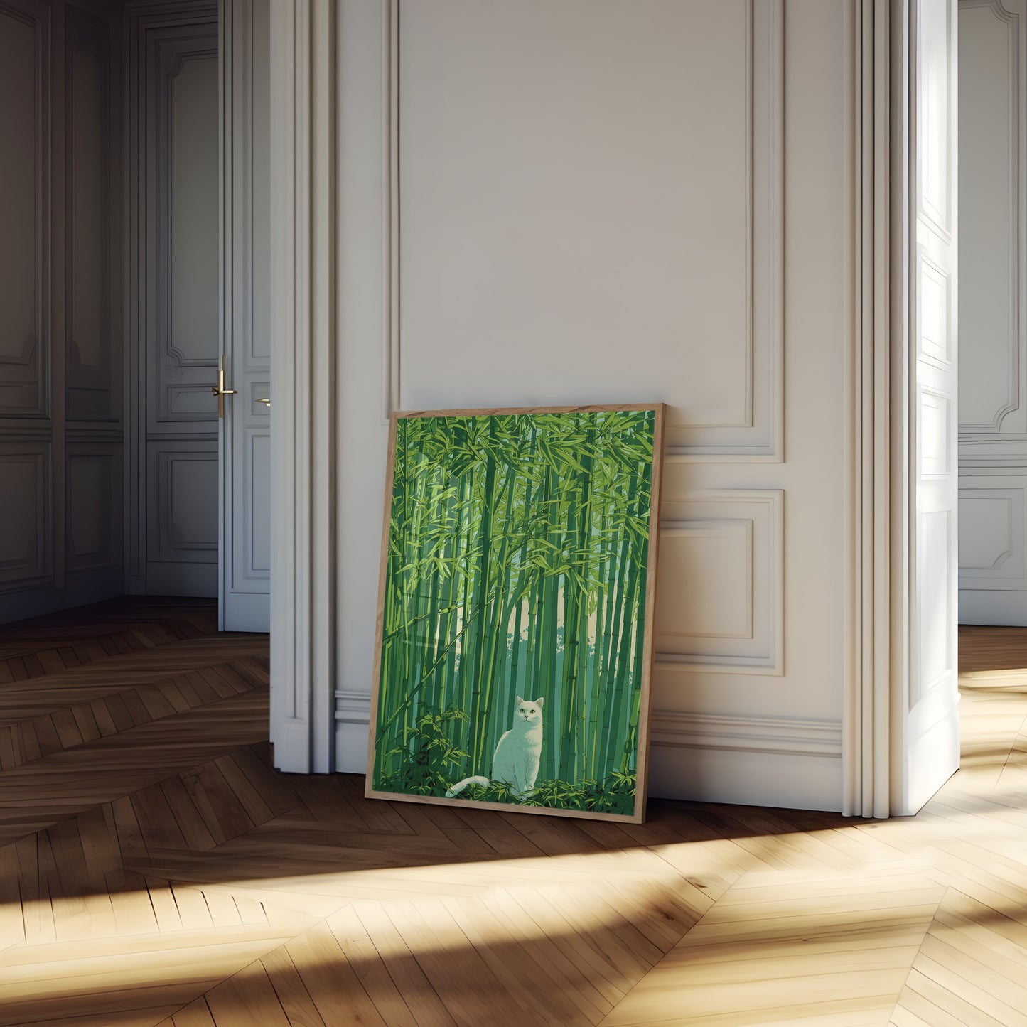 White Cat in Bamboo Forest Poster