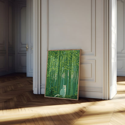 White Cat in Bamboo Forest Poster
