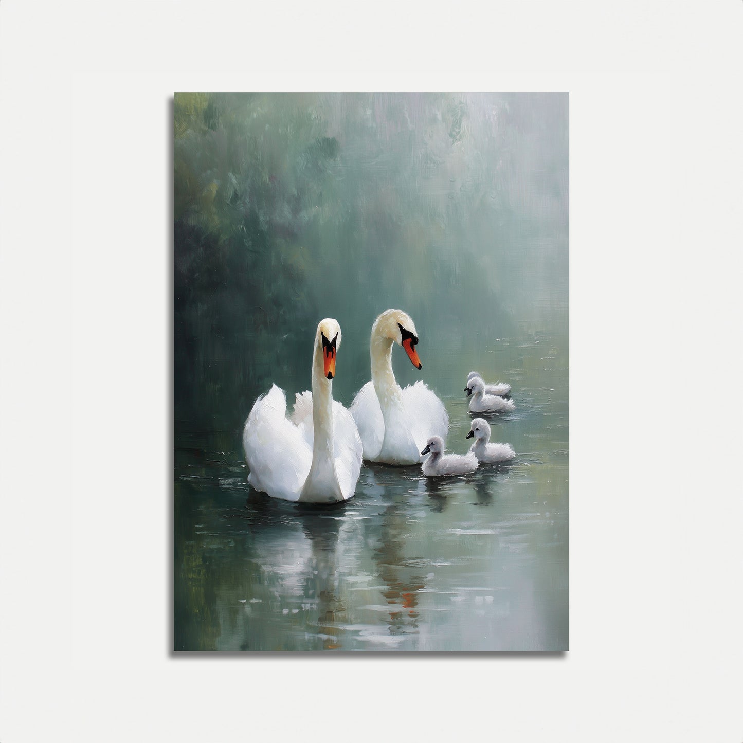 Swan Family on Misty Lake Poster