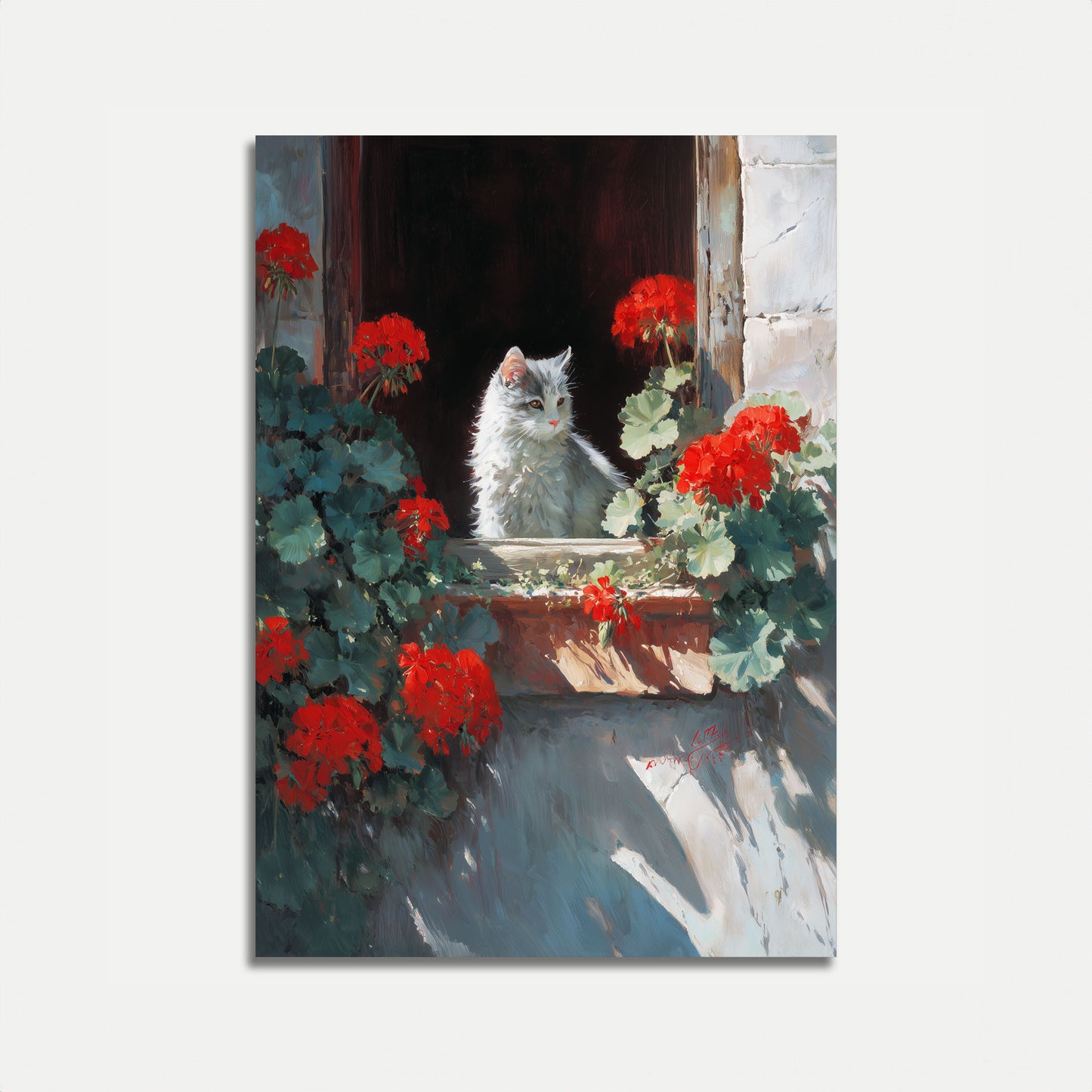 White Cat Among Red Geraniums Poster