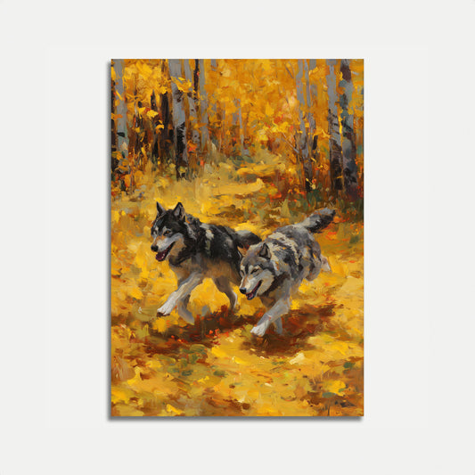 Wolves Running Through Autumn Forest Poster