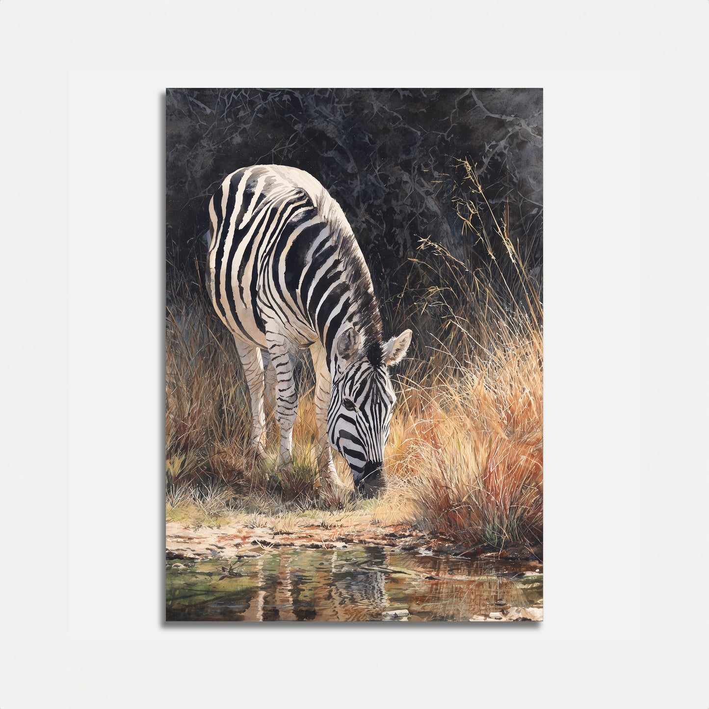 Póster de vida silvestre de cebra en un abrevadero