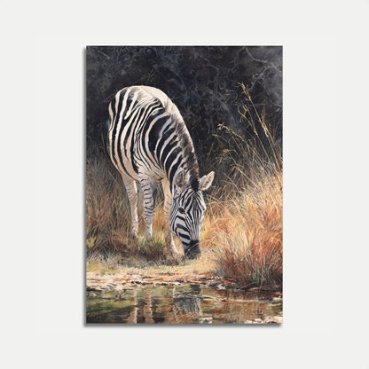 Póster de vida silvestre de cebra en un abrevadero