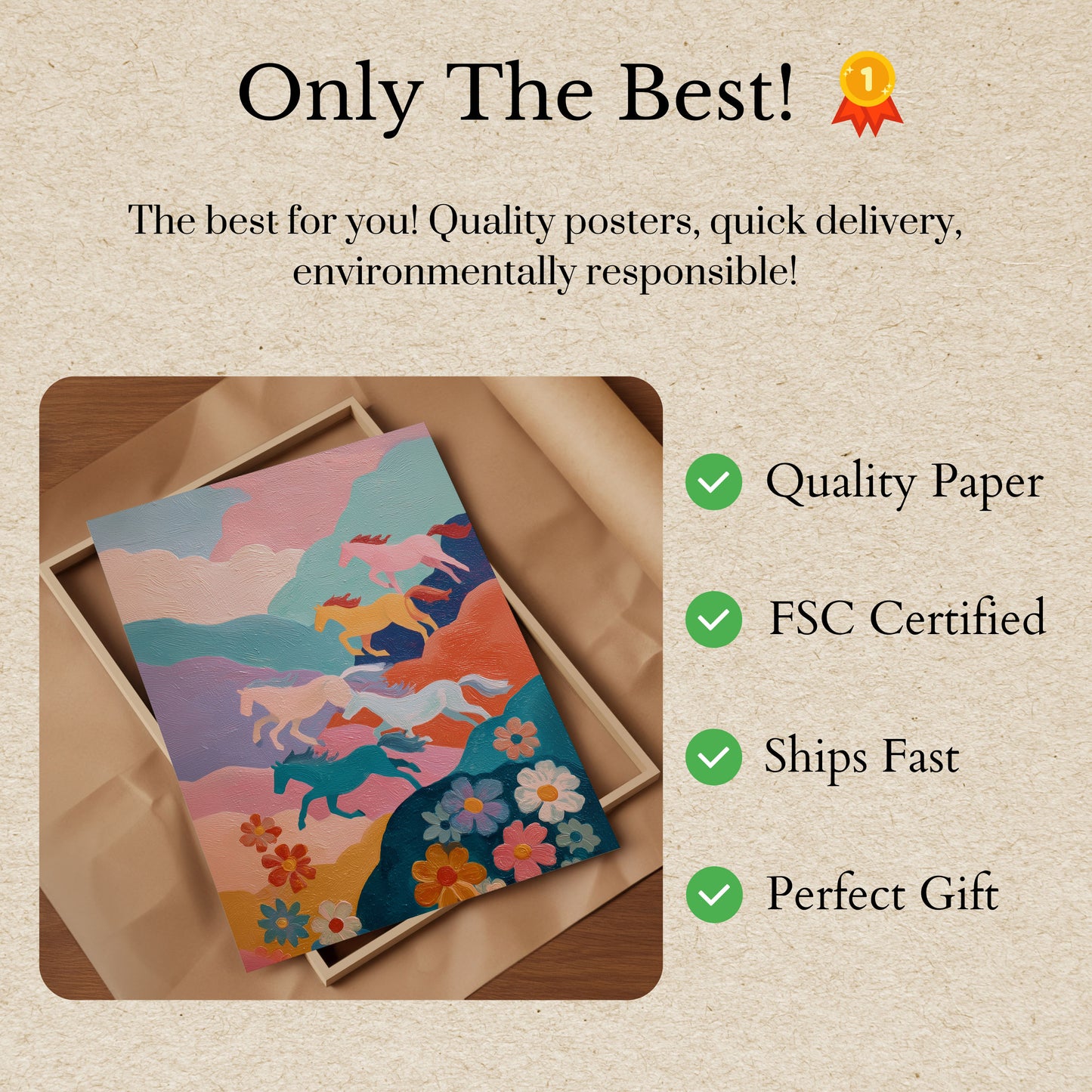 Running Horses Floral Landscape Poster