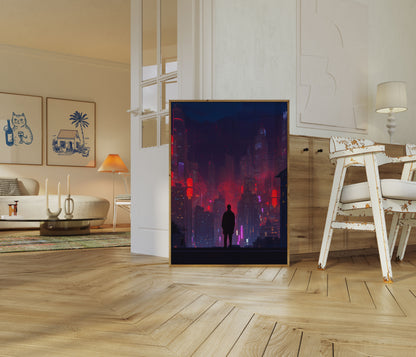 Póster Silueta de Ciudad Ciberpunk Neón