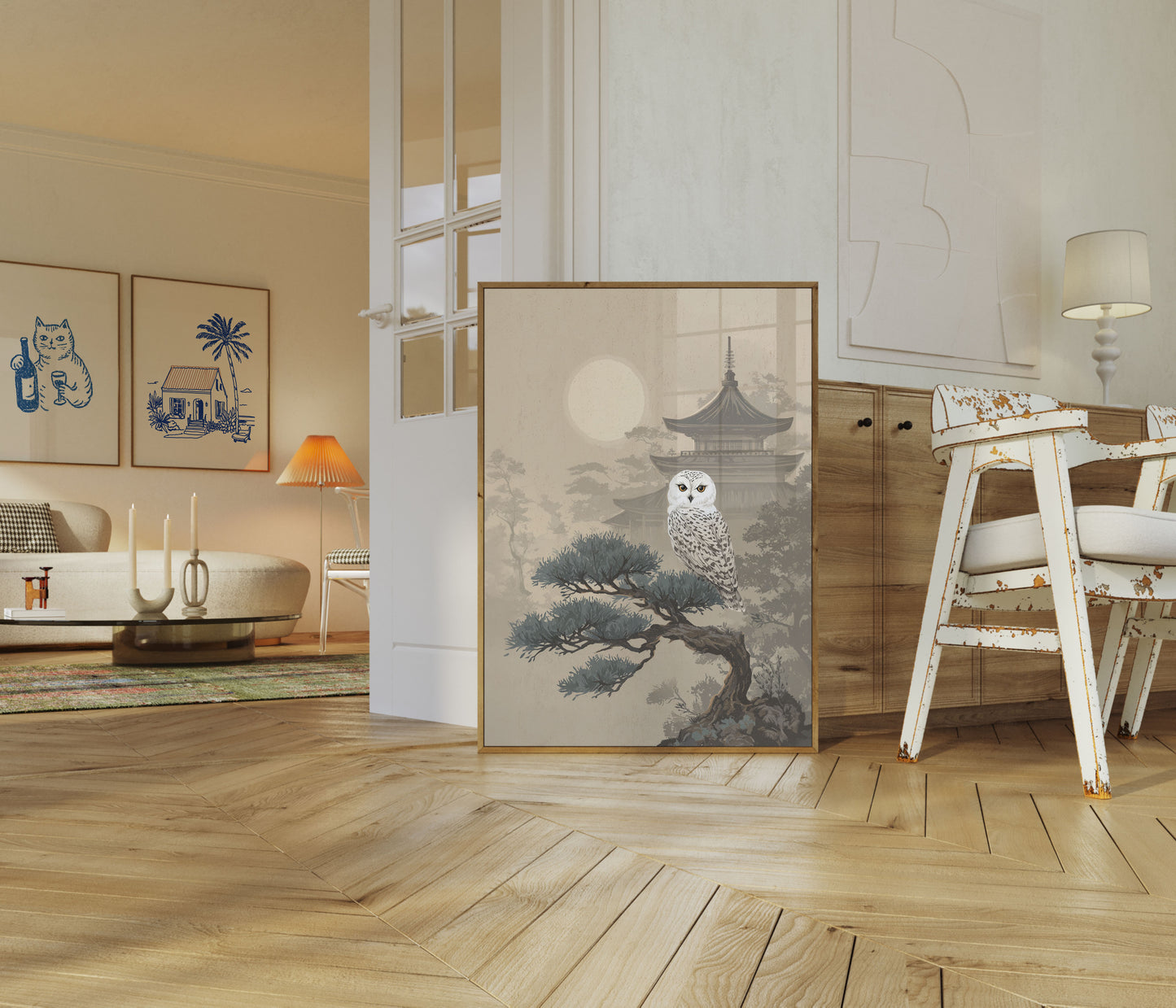 Affiche du Hibou des Neiges dans un Jardin Japonais