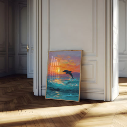 Delfin som hopper ved solnedgang plakat