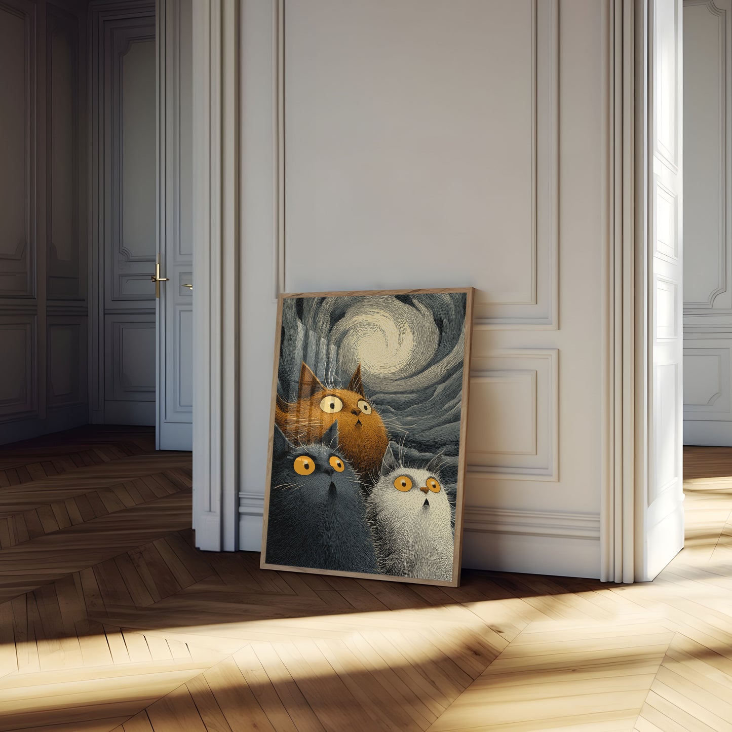 Three Cats Under Starry Night Poster
