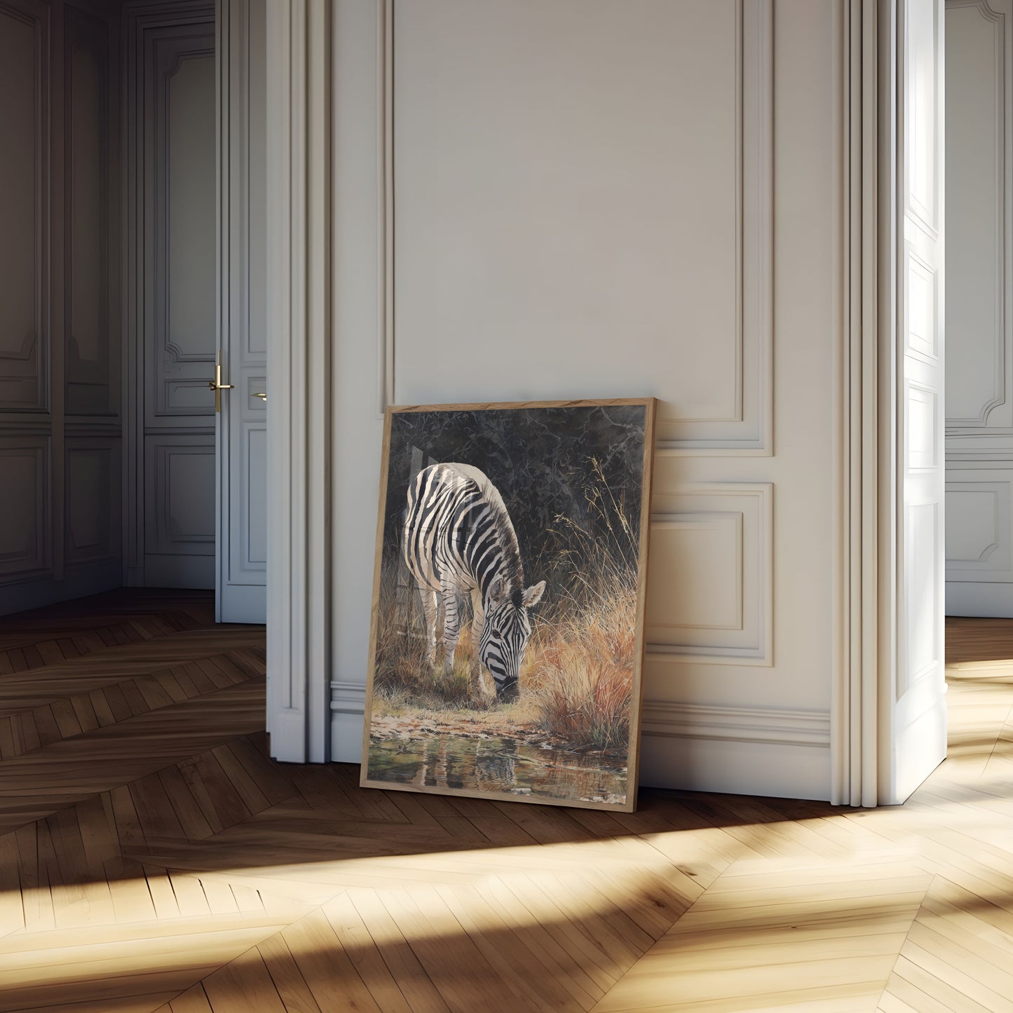 Póster de vida silvestre de cebra en un abrevadero