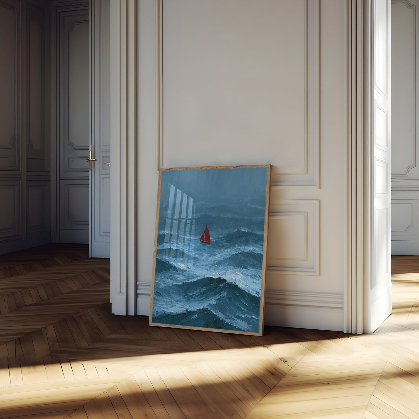 Red Sailboat in Stormy Seas Poster