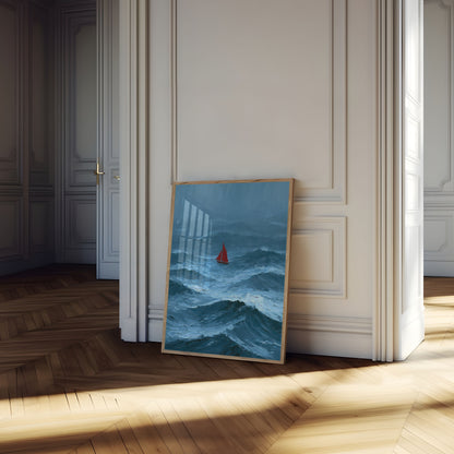 Red Sailboat in Stormy Seas Poster