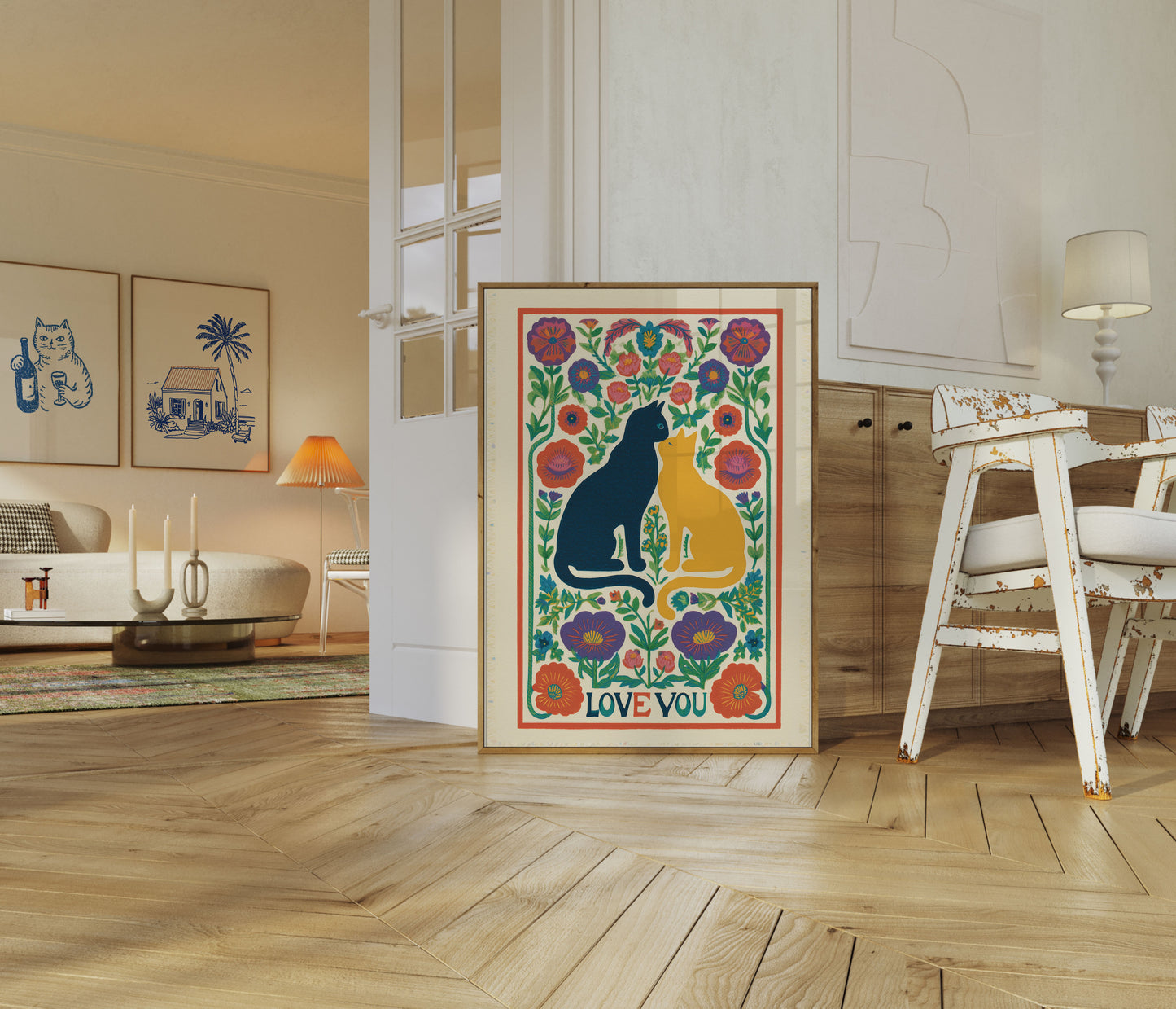 Katte elsket i blomster plakat
