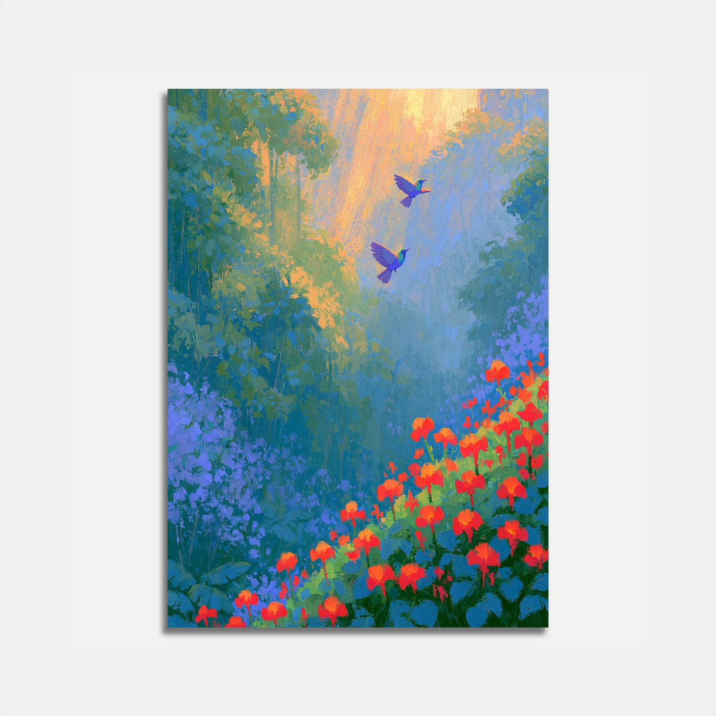 Kolibrier i blomstrende have plakat