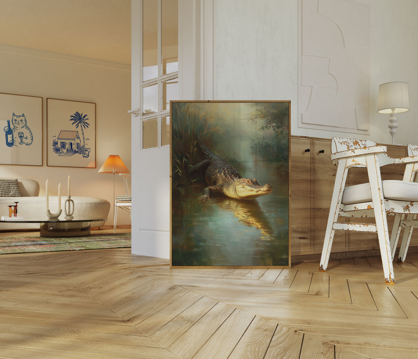 Póster de caimán con luz solar dorada