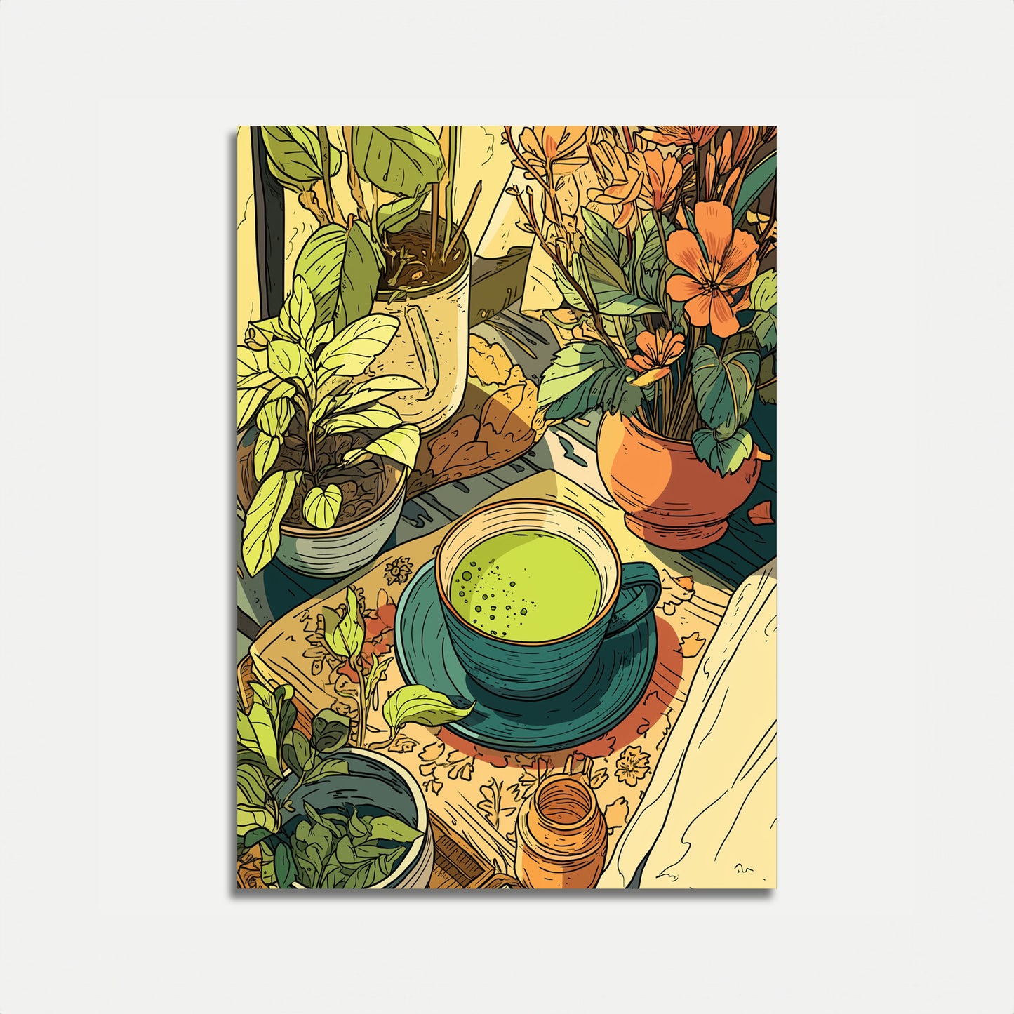 Póster botánico de matcha sereno