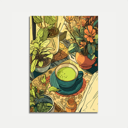 Póster botánico de matcha sereno