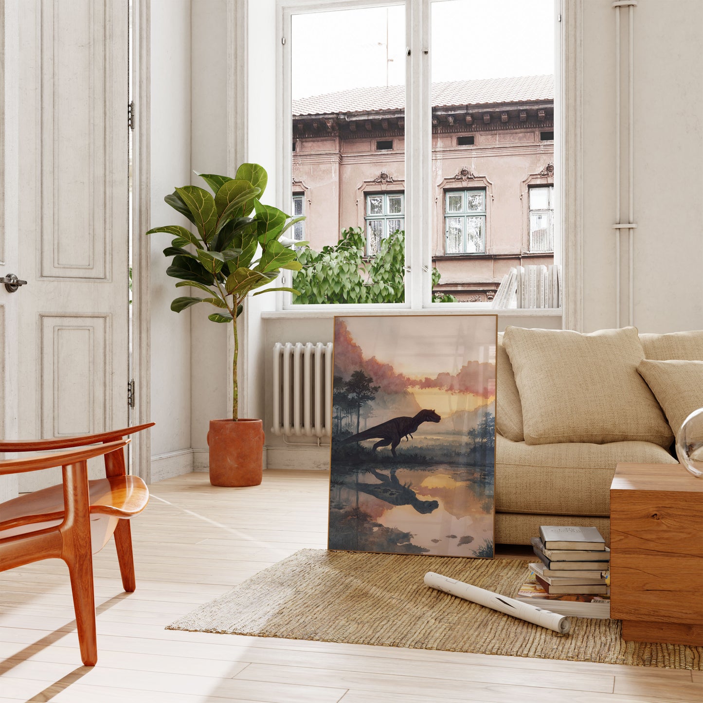 Póster de dinosaurio prehistórico al atardecer