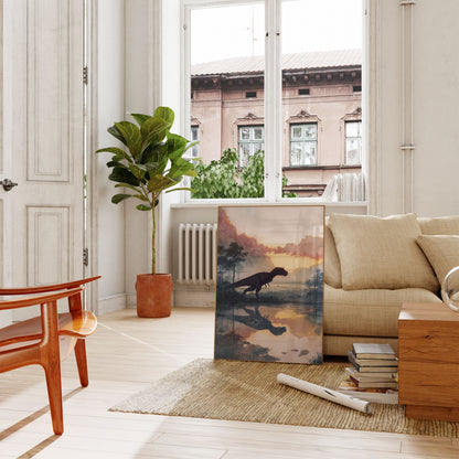 Póster de dinosaurio prehistórico al atardecer