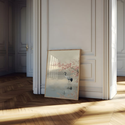 Crane by Cherry Blossoms Poster