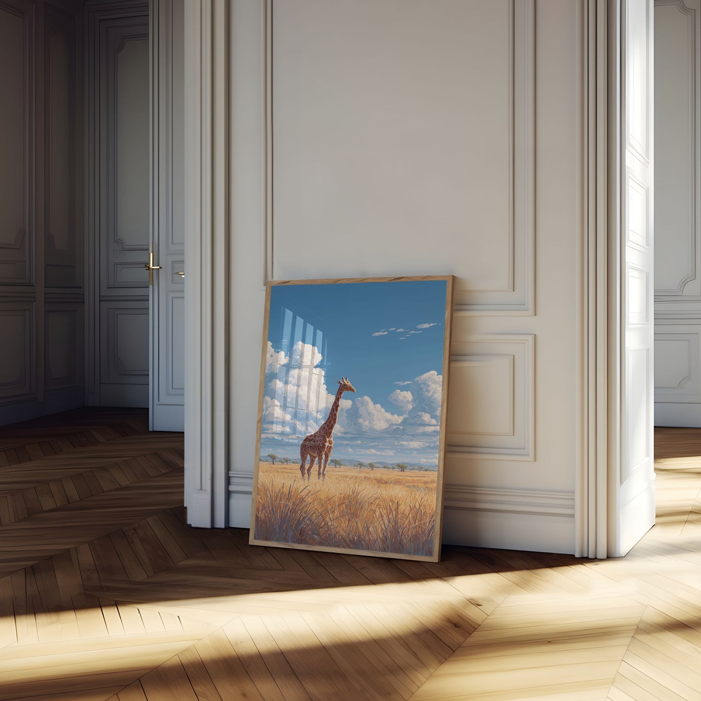 Póster de jirafa solitaria en la sabana