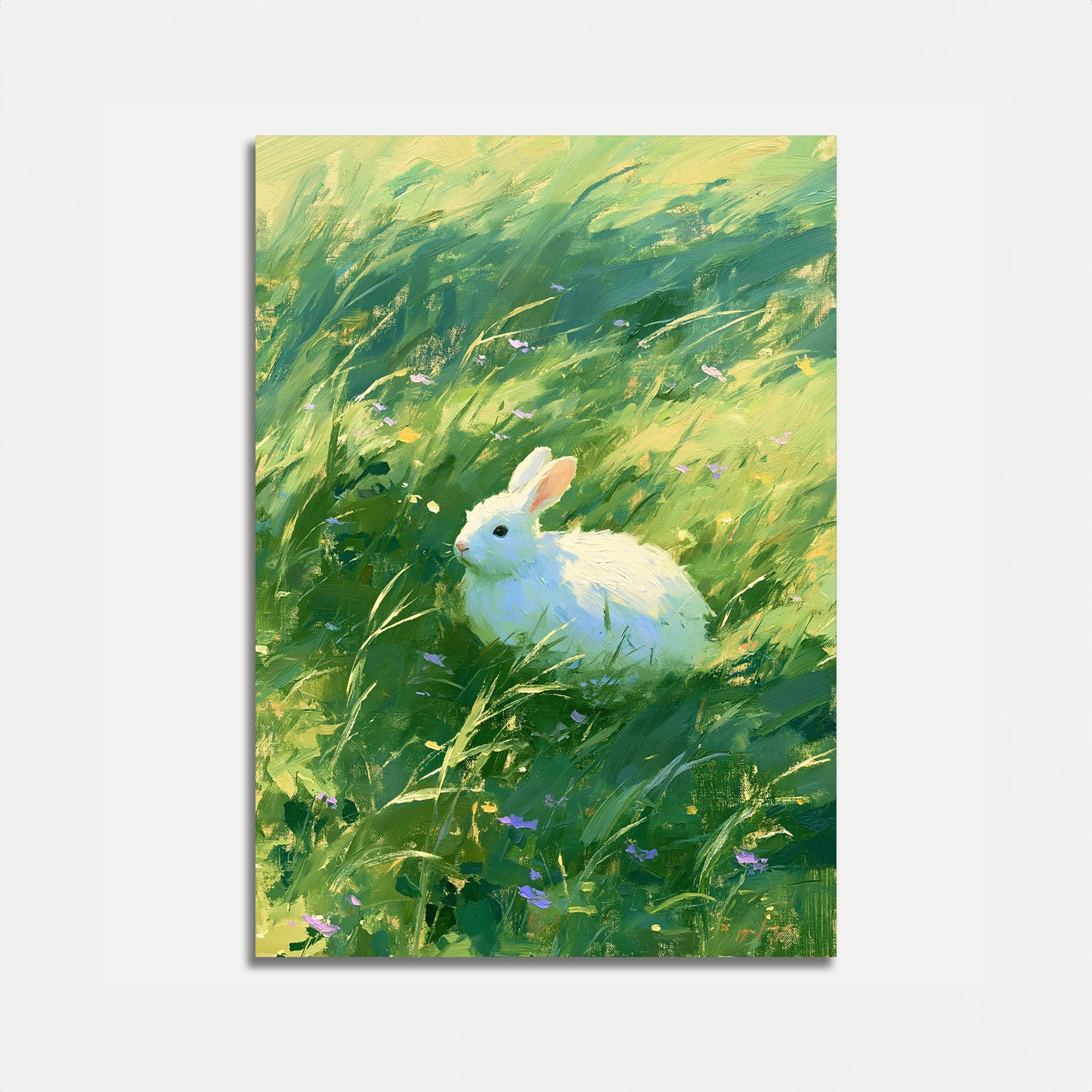 Póster Conejo Blanco en Pradera de Flores Silvestres