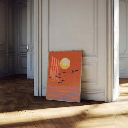 Birds Flying Over Moon Poster
