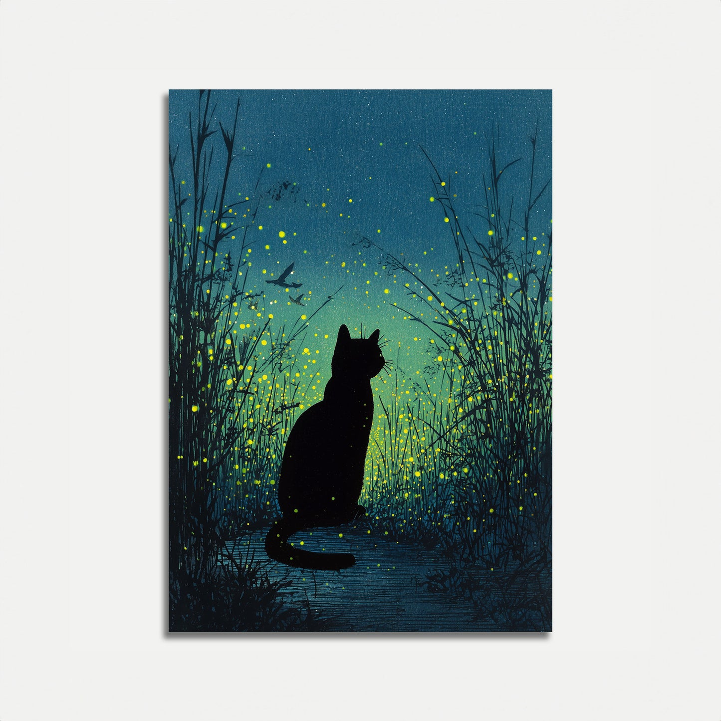 Cat Among Fireflies Night Poster