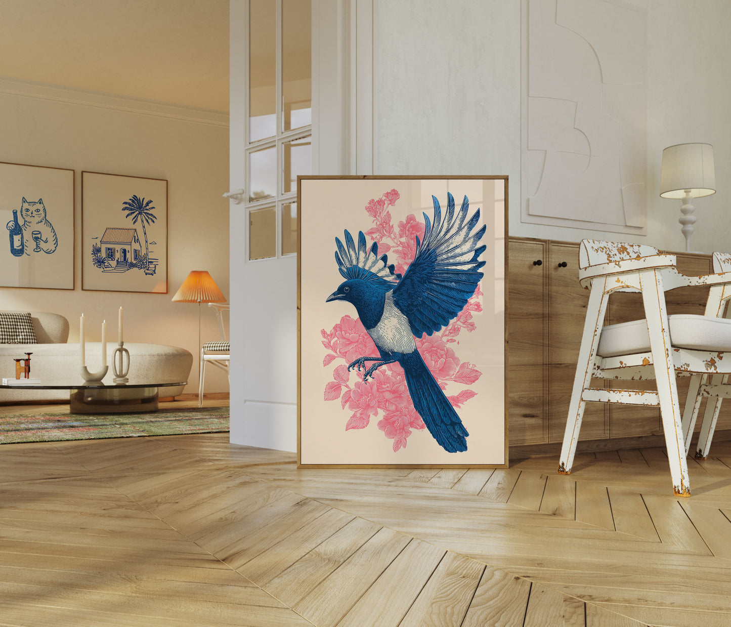 Blue Magpie Floral Flight Poster