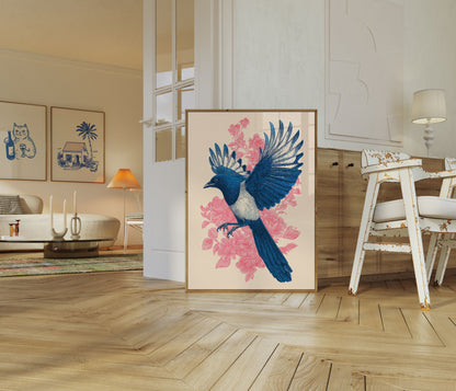 Blue Magpie Floral Flight Poster