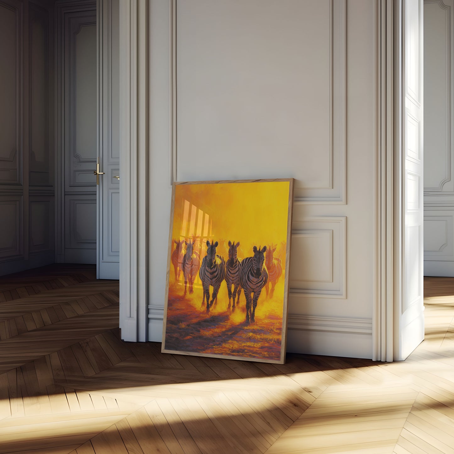 Zebraer løber gennem gyldent støv plakat