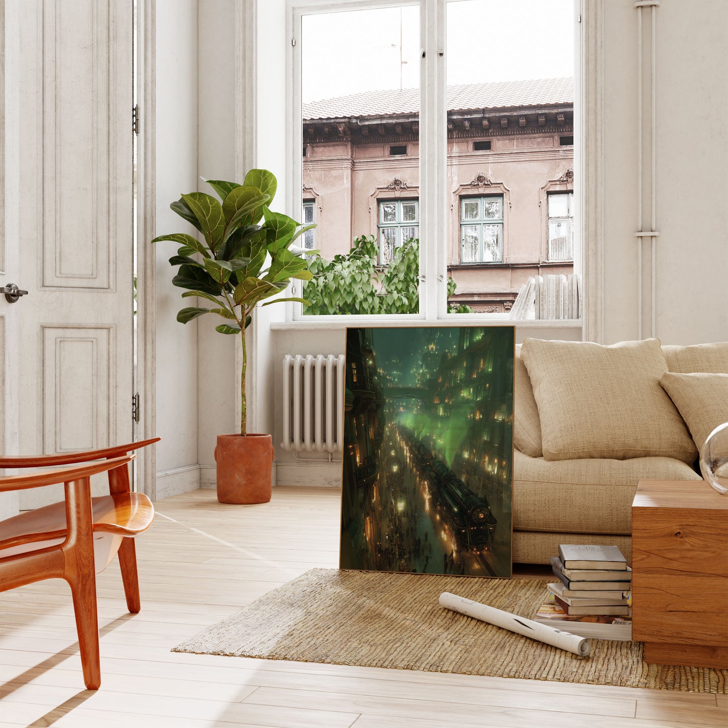 Steampunk Train Through City Poster