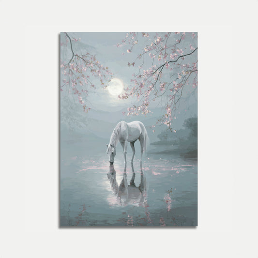 Pferdeposter bei Mondschein mit Kirschblüten