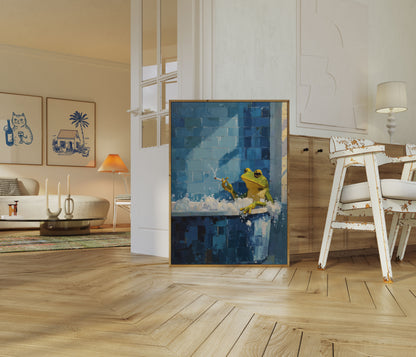 Póster Azul de Rana Fumando en Pared