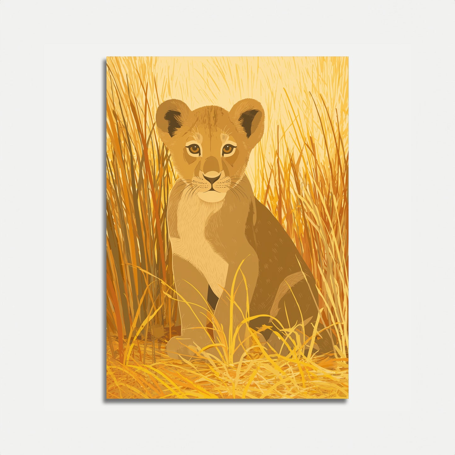 Young Lion in Golden Grassland Poster