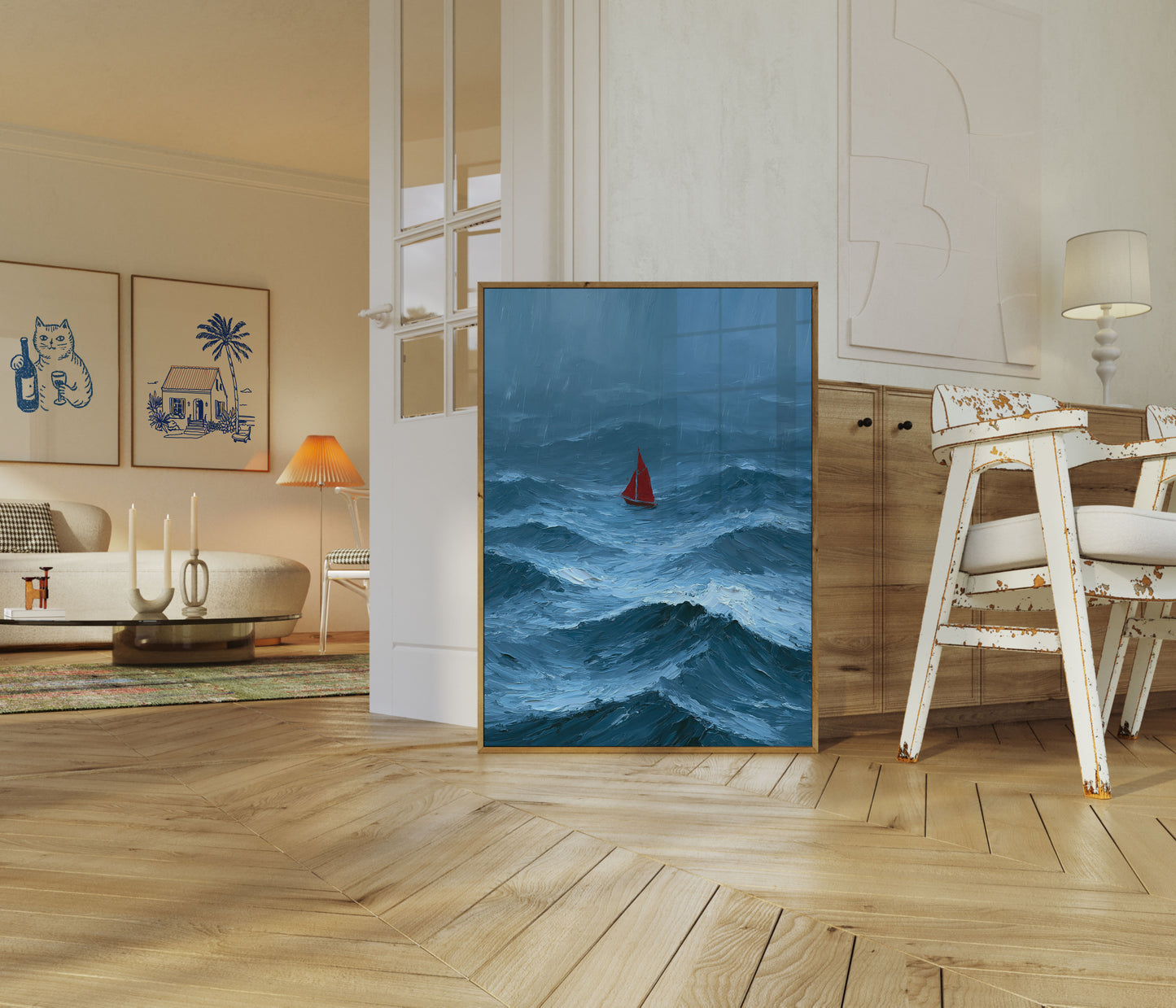 Red Sailboat in Stormy Seas Poster