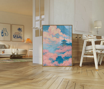 Japanese Pagoda Cherry Blossoms Poster