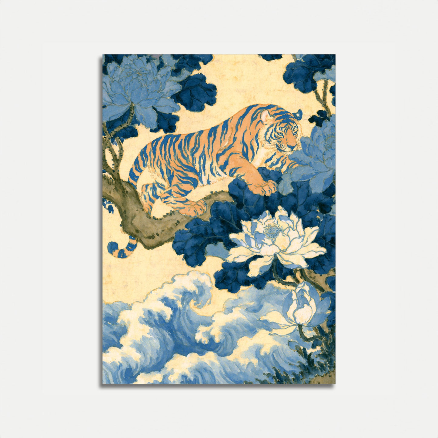 Tiger blandt blå blomster plakat