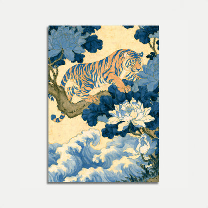 Tiger blandt blå blomster plakat
