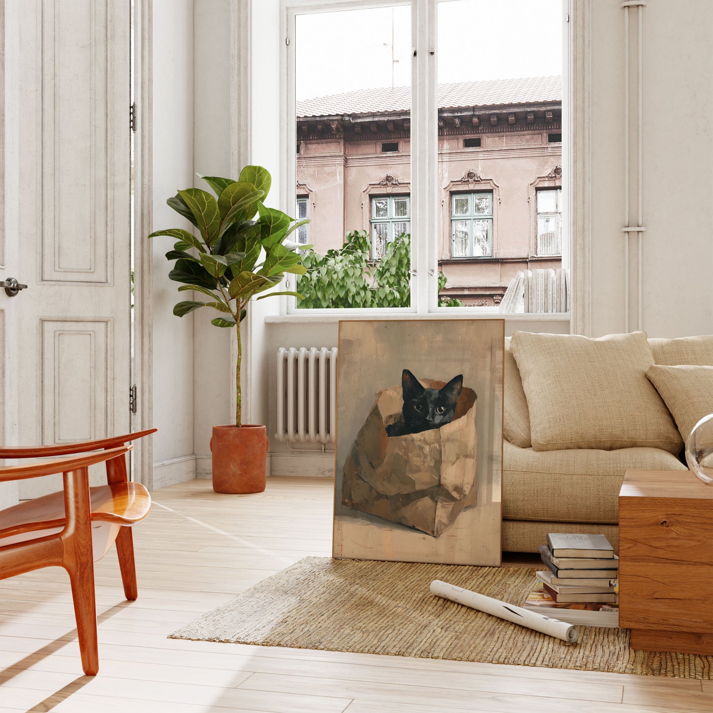 Schwarze Katze in Papiertüte Poster