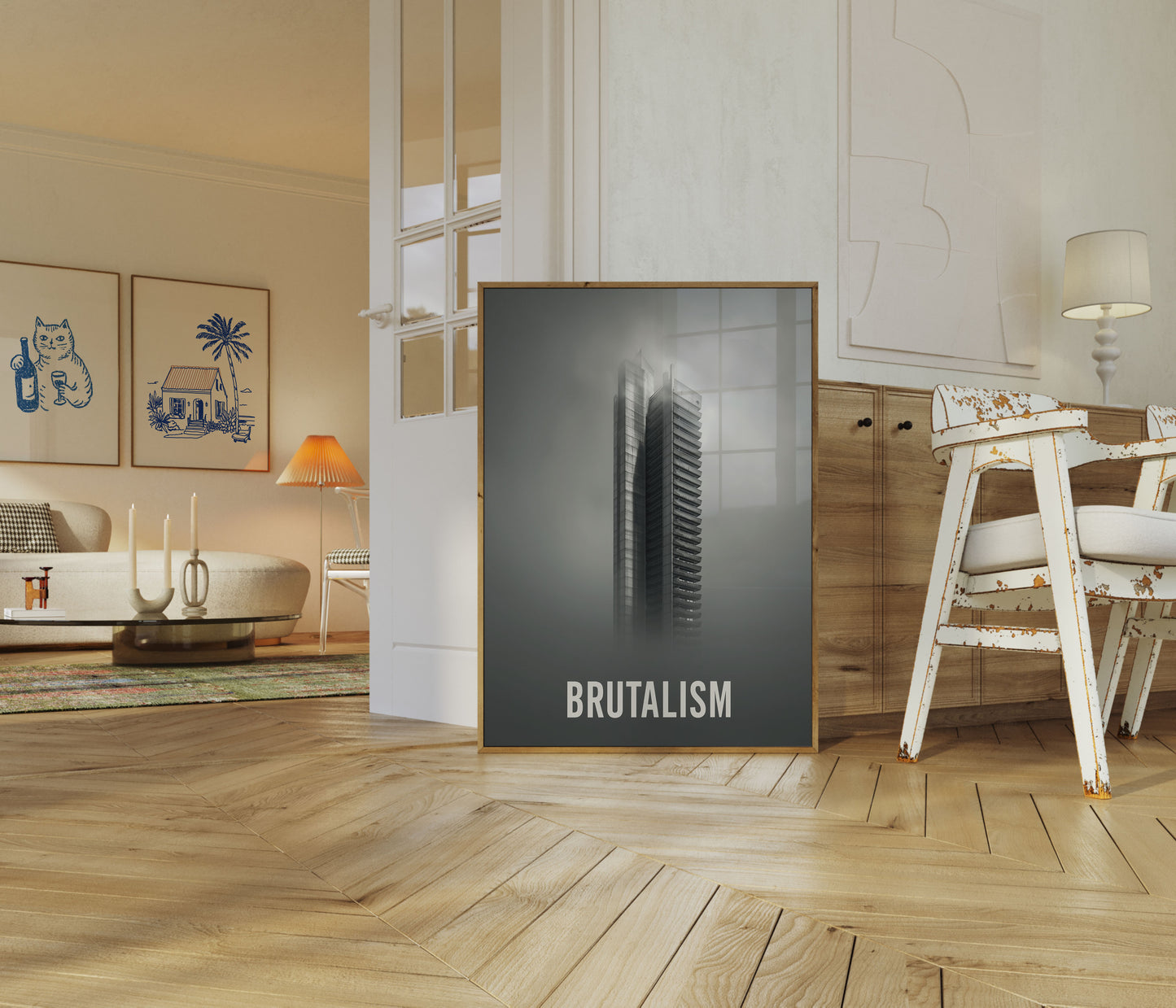 Plakát brutalistické architektury v mlze
