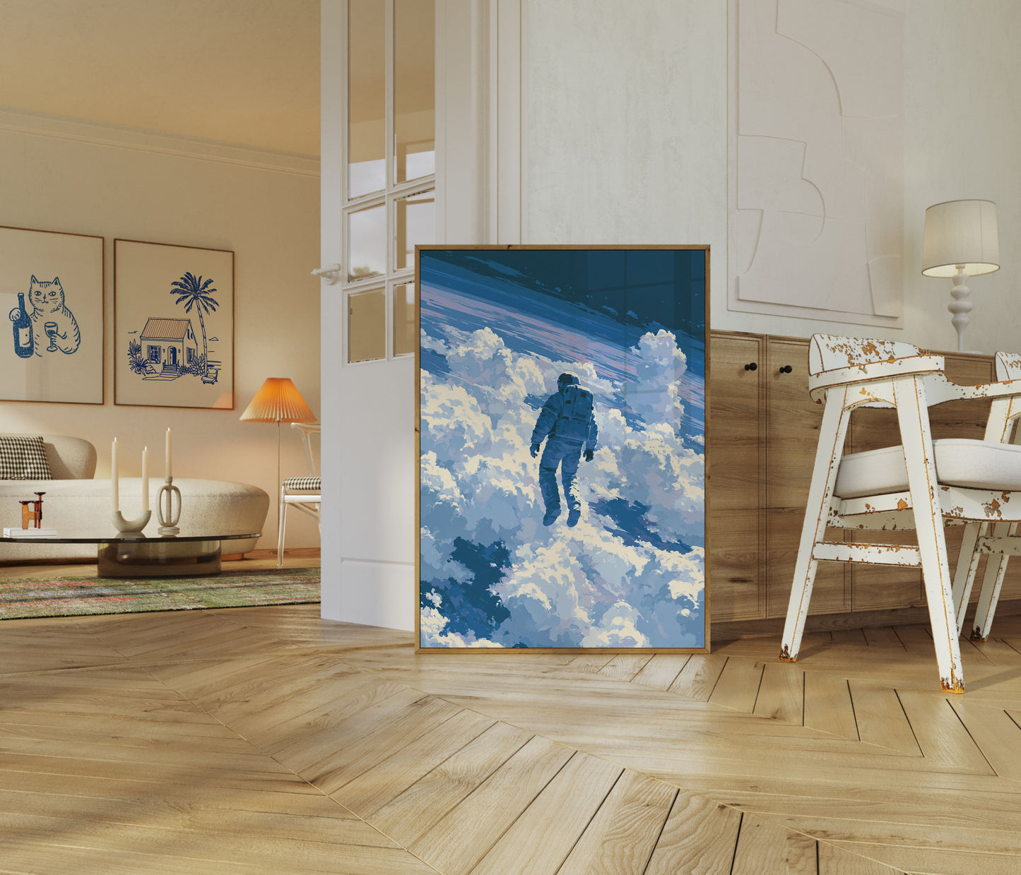 Astronaut flyr gjennom skyer plakat